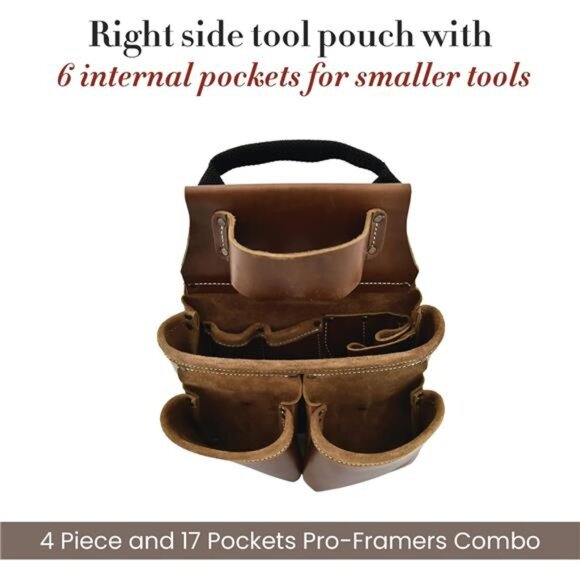 4 Piece and 17 Pockets Pro Framer’s Combo, Tool Belt with 2 Tool Pouches - Picture 2 of 7